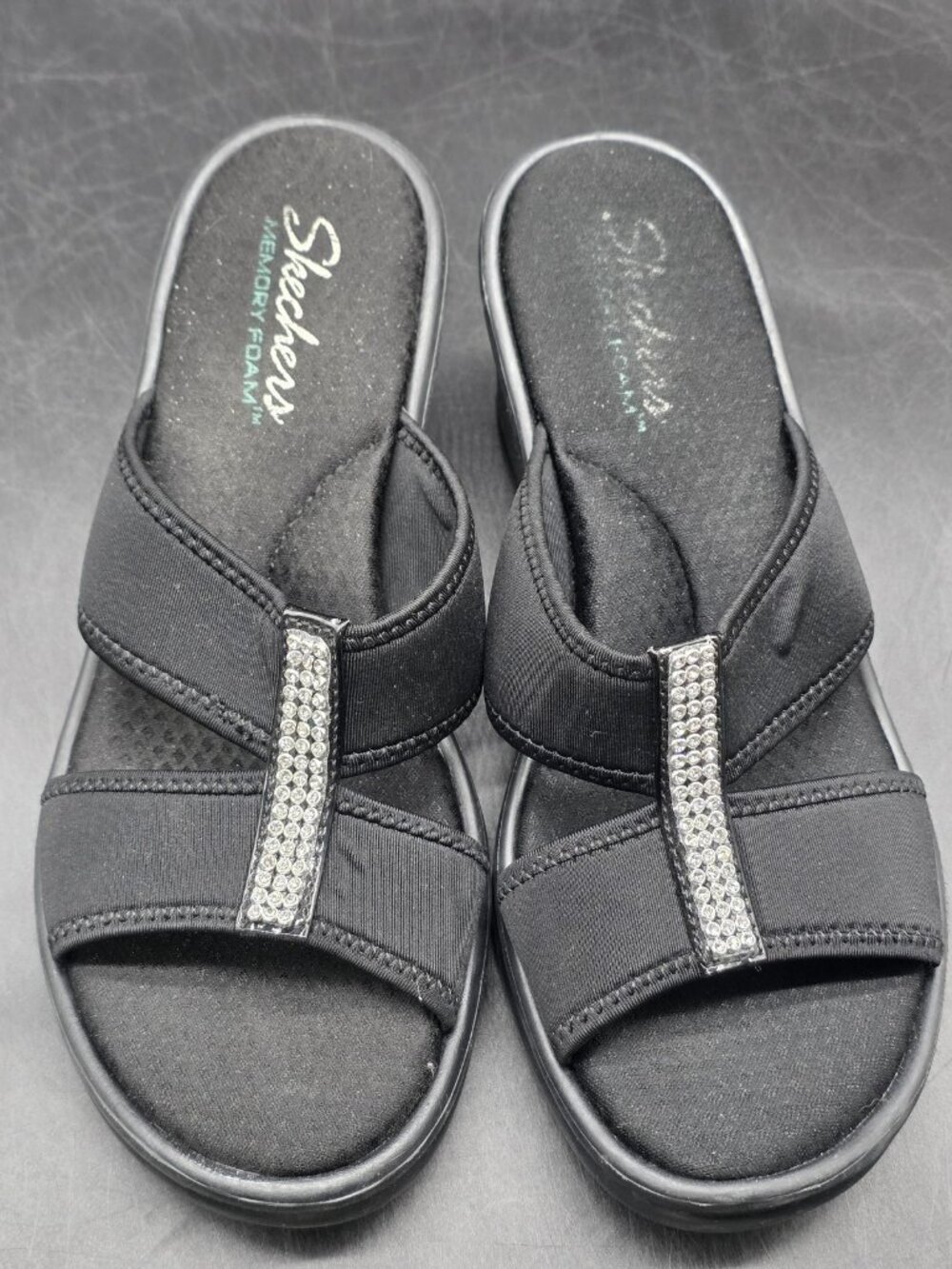 Skechers Sandals Womens Size 9 Black Rumblers Rhinestone Slide Wedge Damage Shoe